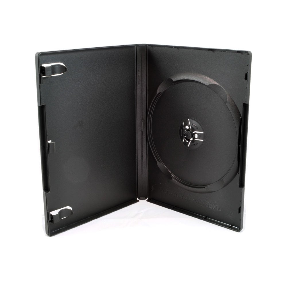 Maxtek 25-pack standard 14mm black DVD cases with outside sleeve showcasing artwork