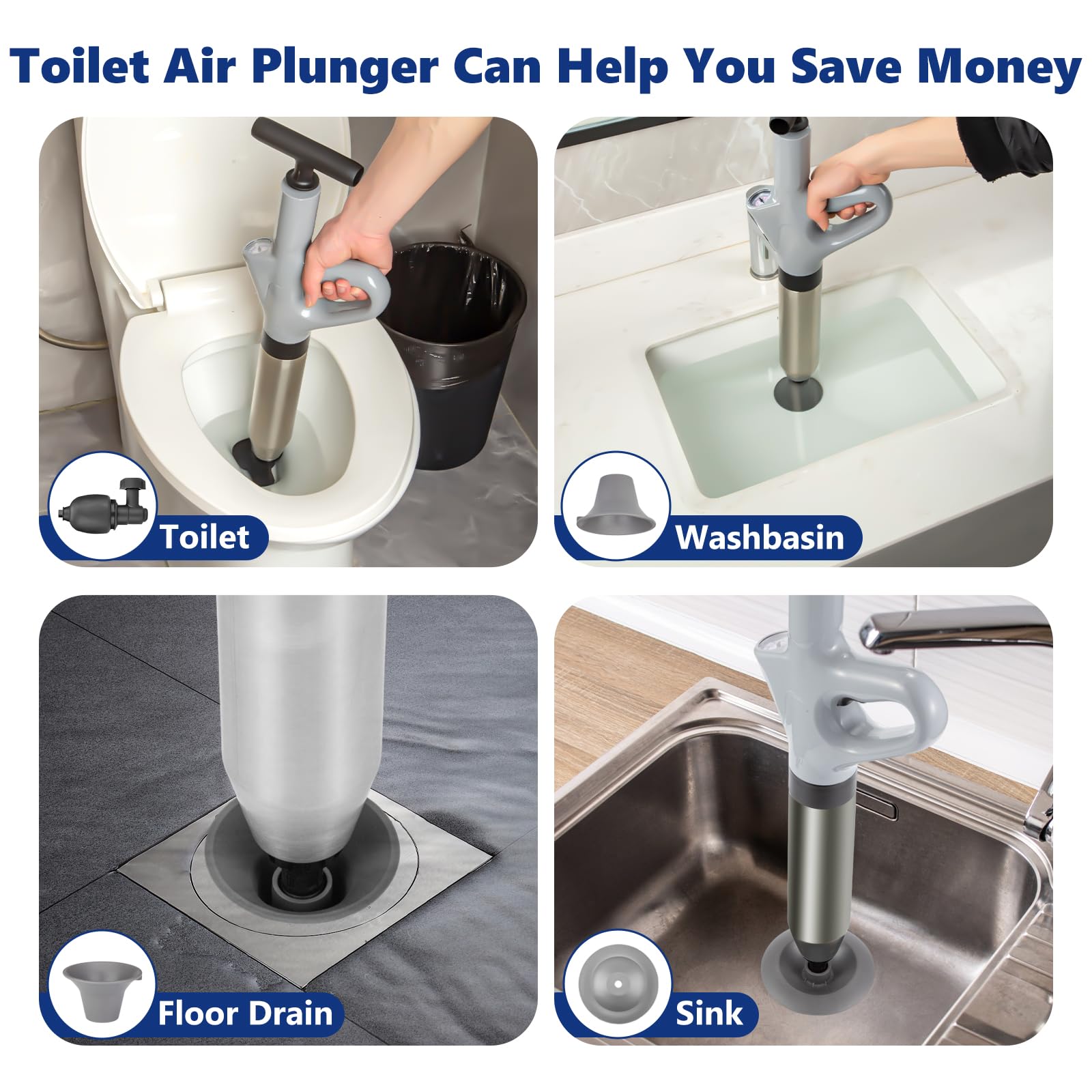 MaxxGeek Toilet Plunge Blaster in use on a toilet for quick home unclogging.