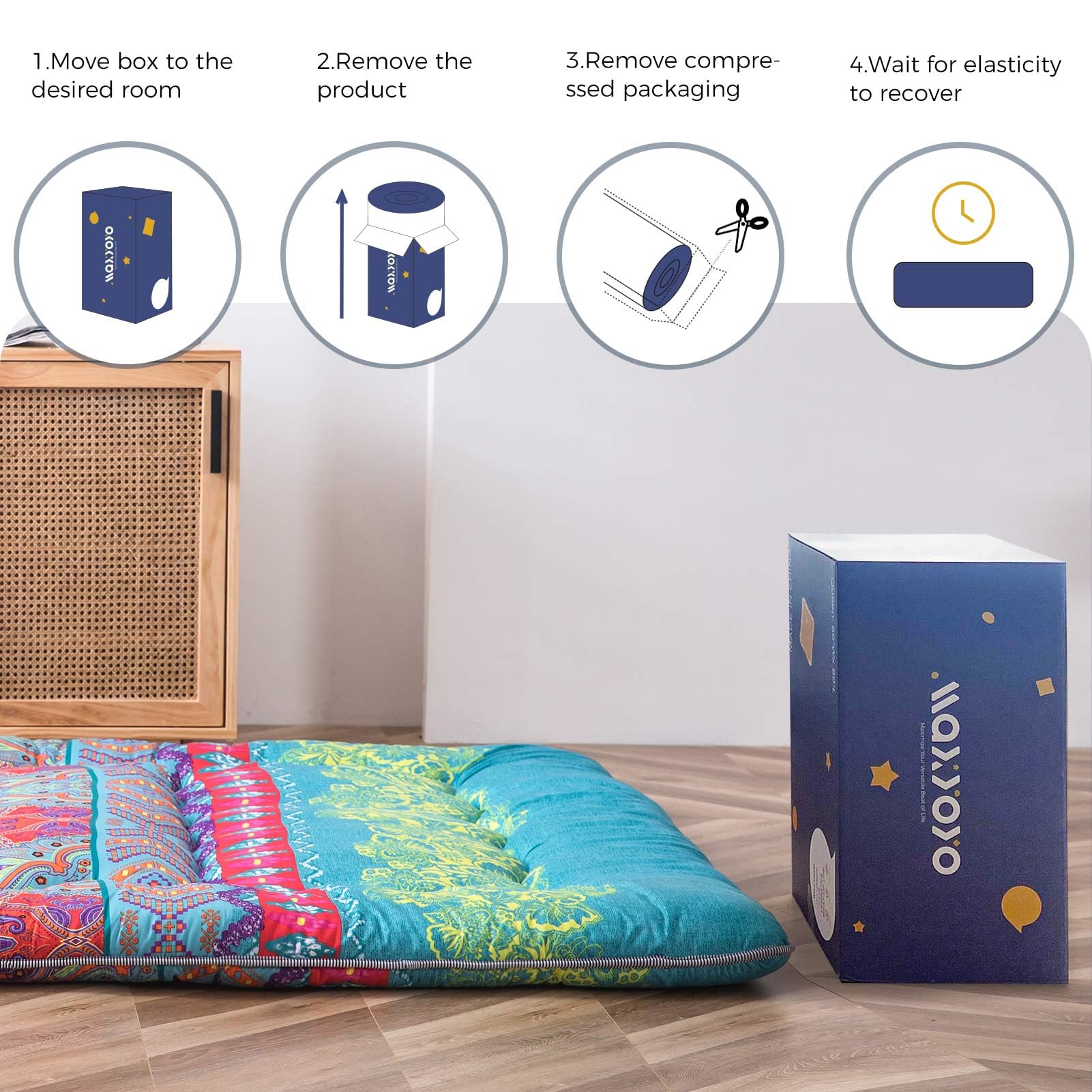 MAXYOYO Bohemian futon in camping setup shows versatile floor sleeping option.