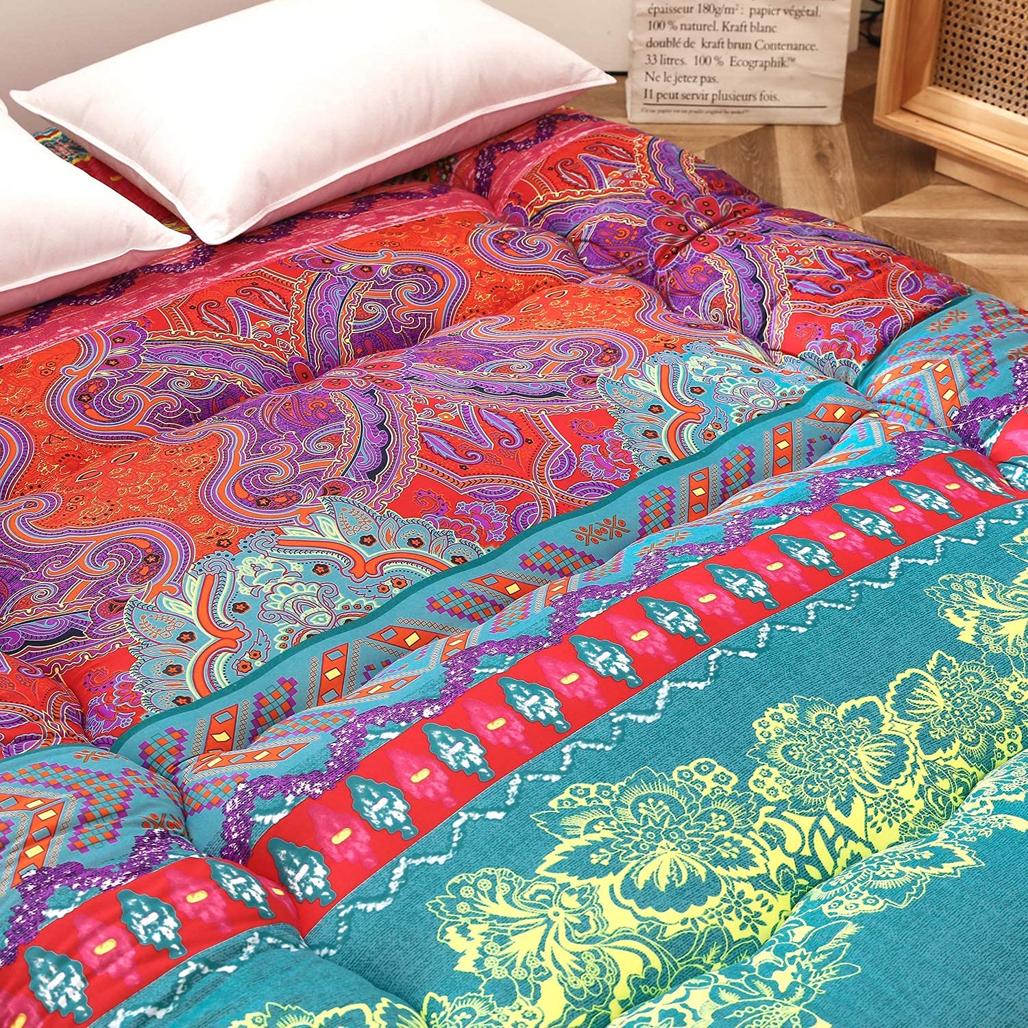 MAXYOYO Bohemian futon queen size laid flat to illustrate generous sleeping surface.