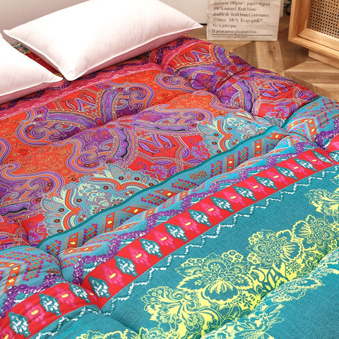 MAXYOYO Bohemian futon queen size laid flat to illustrate generous sleeping surface.