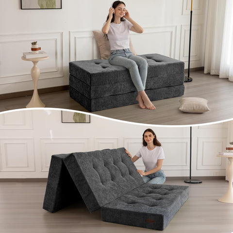MAXYOYO folding sofa bed in dark grey demonstrating space-saving seating and sleeping