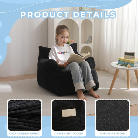 MAXYOYO Kids Bean Bag Chair dimensions 25.5 by 22.8 by 21.6 inches for comfy lounging.