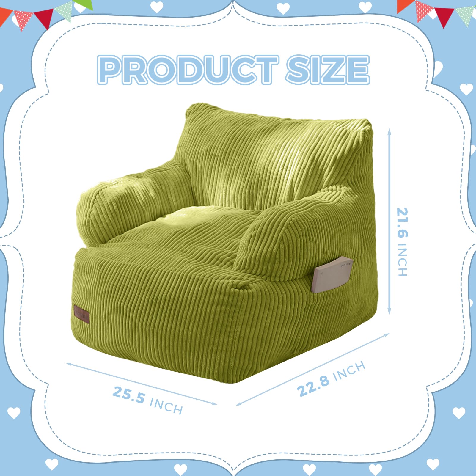 MAXYOYO Kids Bean Bag Chair green side pocket for toy and remote storage