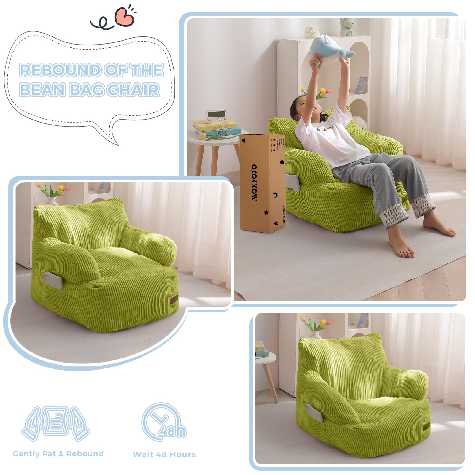MAXYOYO Kids Bean Bag Chair requires about 48 hours to regain elasticity after unboxing