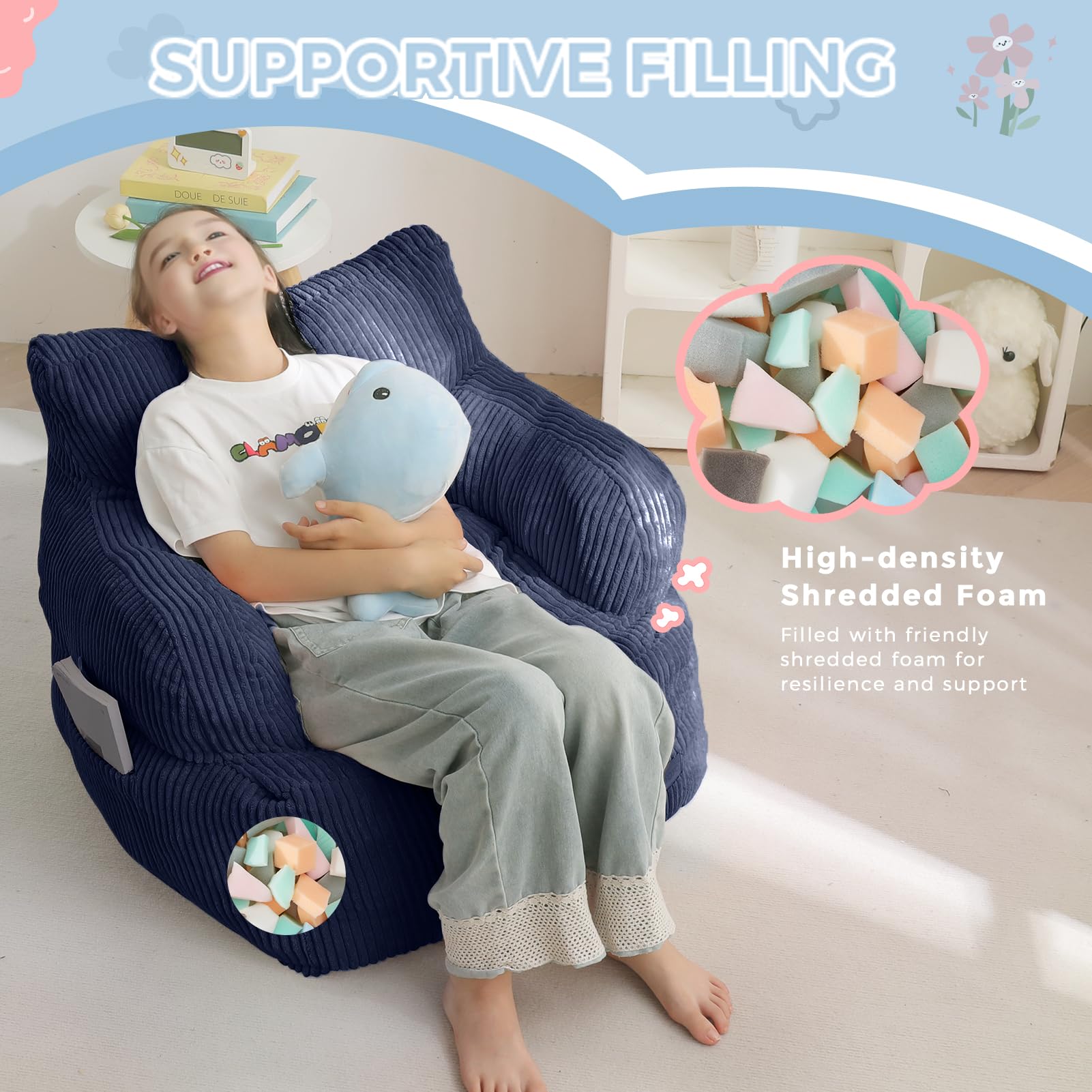 MAXYOYO navy bean bag blends with playrooms and bedrooms.