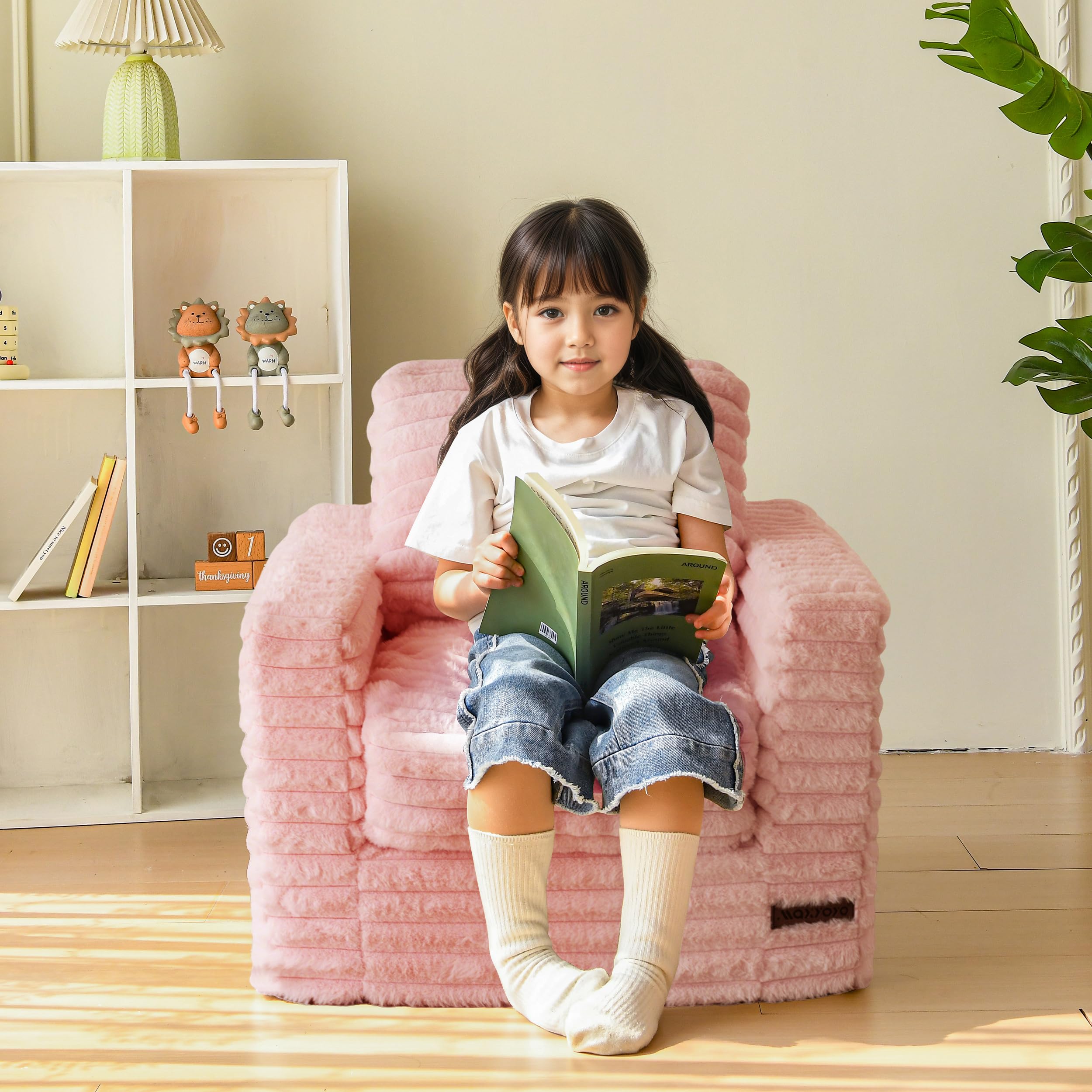 MAXYOYO kids bean bag chair pink used as cozy reading nook