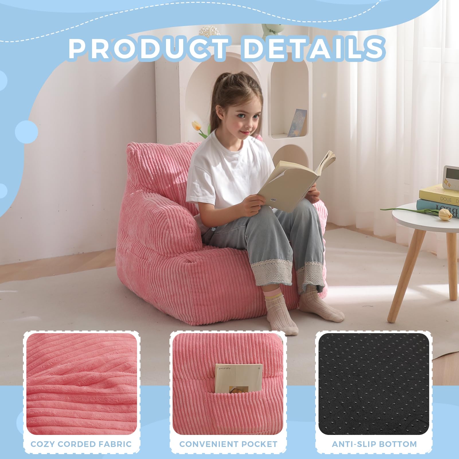 MAXYOYO Kids Bean Bag Chair pink setup creates a cozy kid space