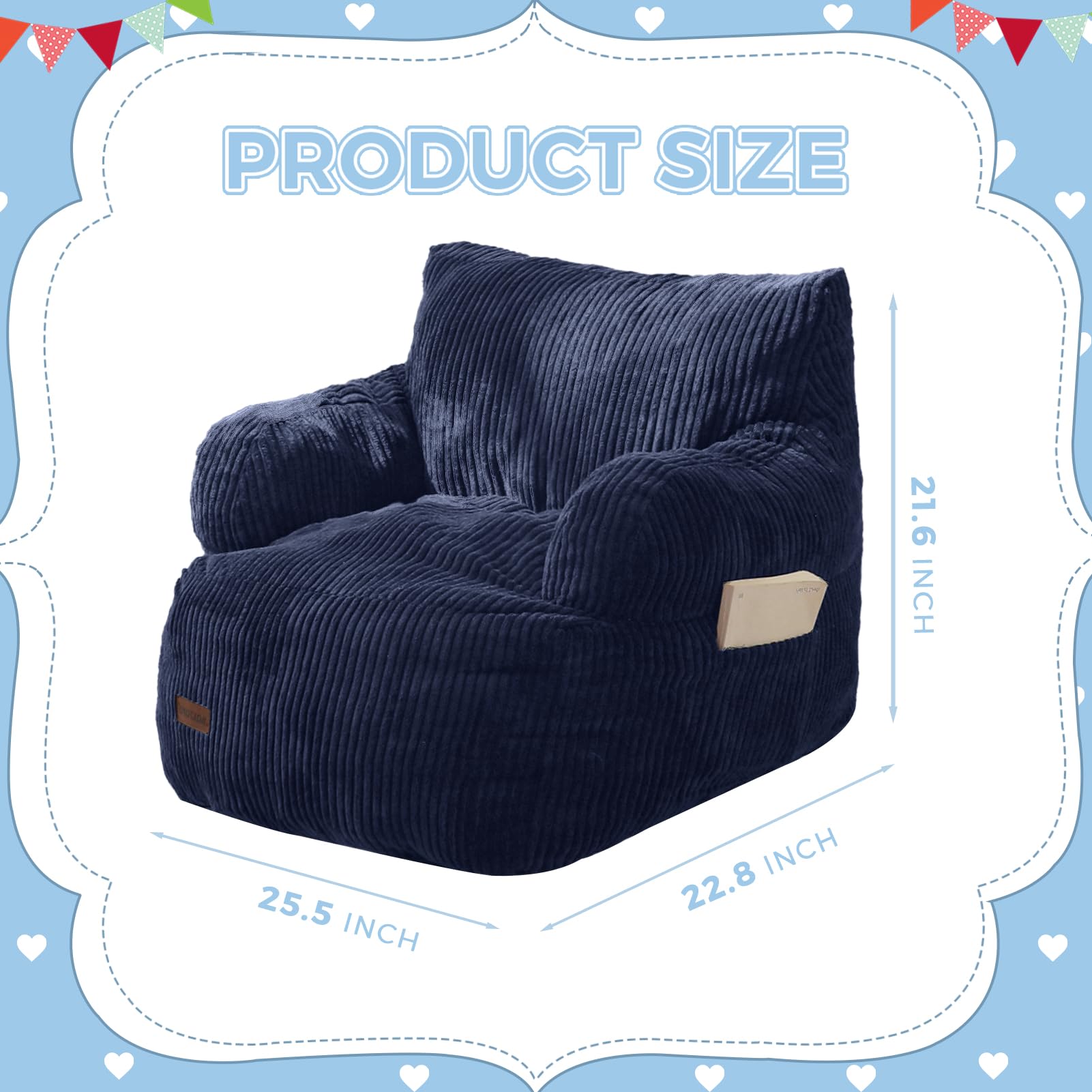 MAXYOYO kids bean bag chair features a convenient side pocket for remotes and books.