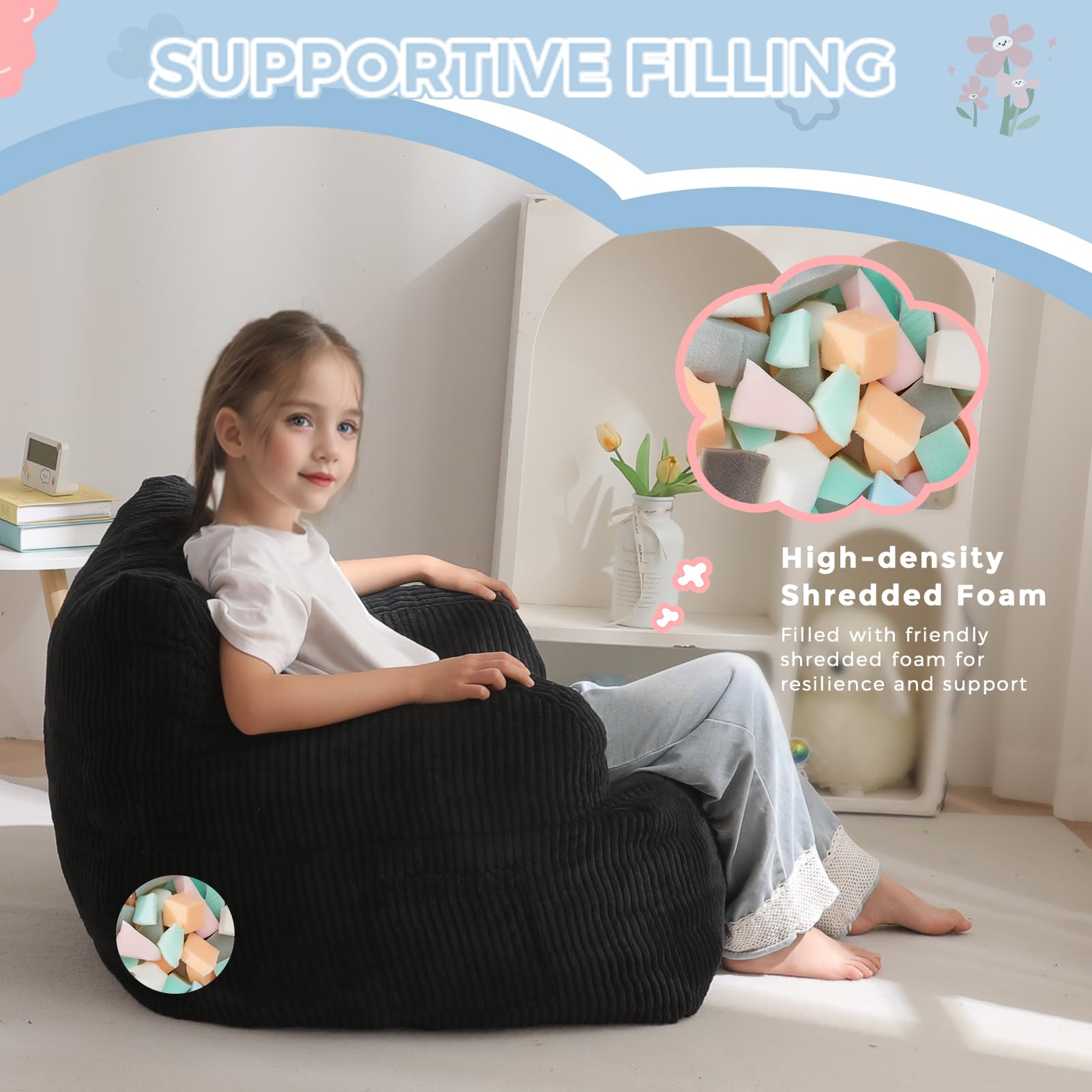 MAXYOYO Kids Bean Bag Chair with side-pocket for quick toy storage.