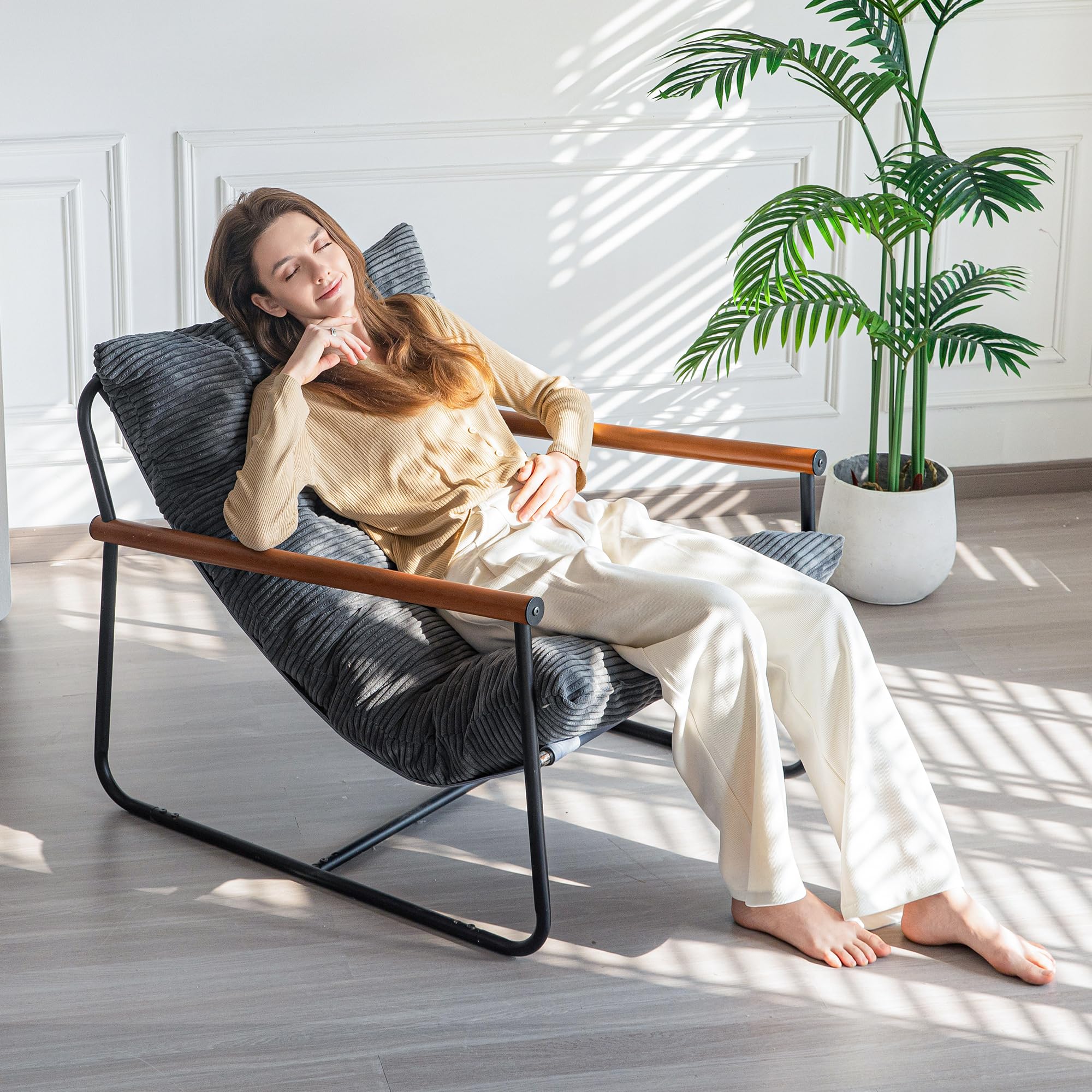 MAXYOYO Modern Accent Chair armrest detail with FSC-certified wood accent and natural warmth.