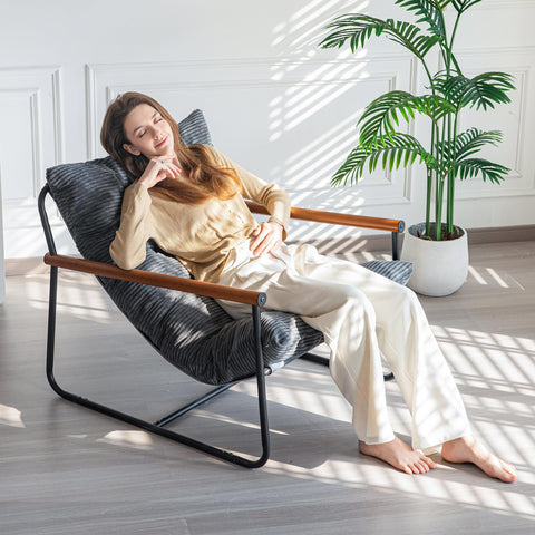 MAXYOYO Modern Accent Chair armrest detail with FSC-certified wood accent and natural warmth.