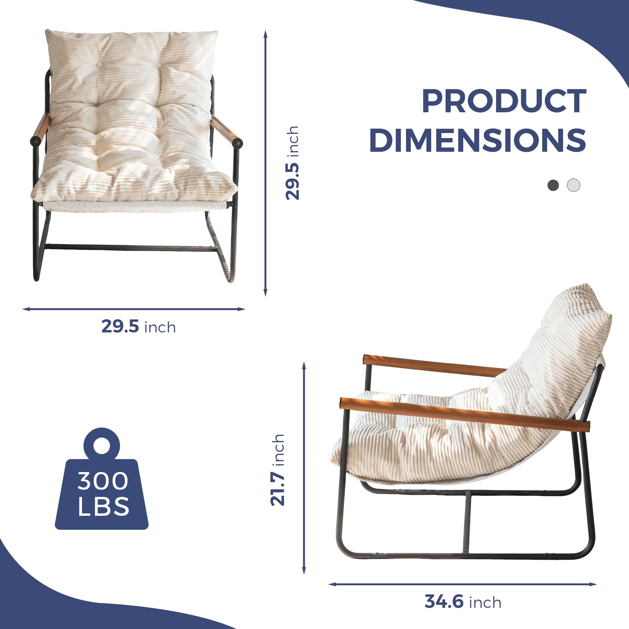 MAXYOYO Modern Accent Chair side view highlighting its sturdy metal frame and wooden armrests.