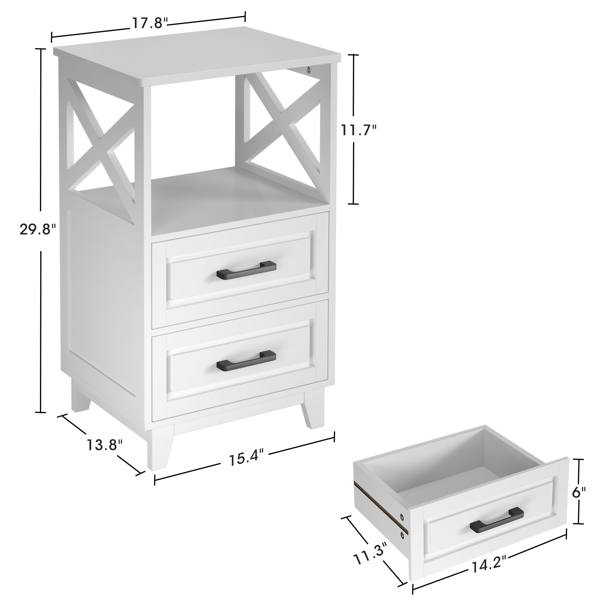 May in Color White Nightstand bedroom setup combines storage and style.