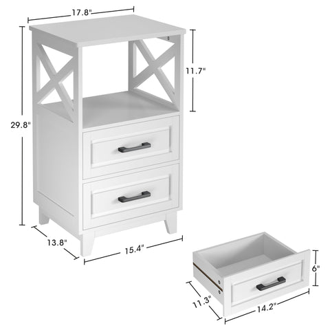 May in Color White Nightstand bedroom setup combines storage and style.