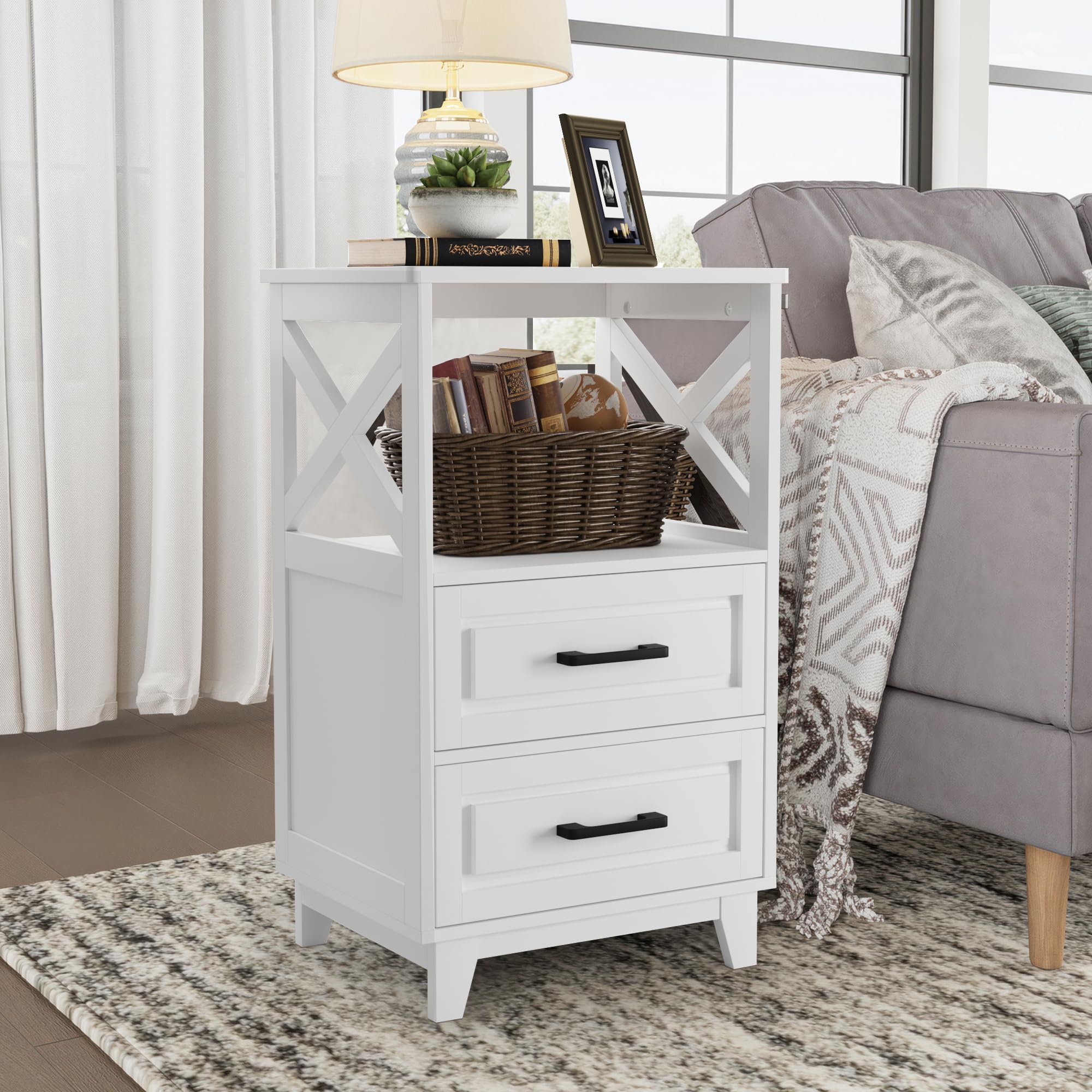 May in Color White Nightstand front view highlights sturdy MDF construction.