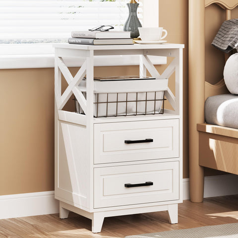 May in Color White Nightstand open shelf shows accessible reading materials.