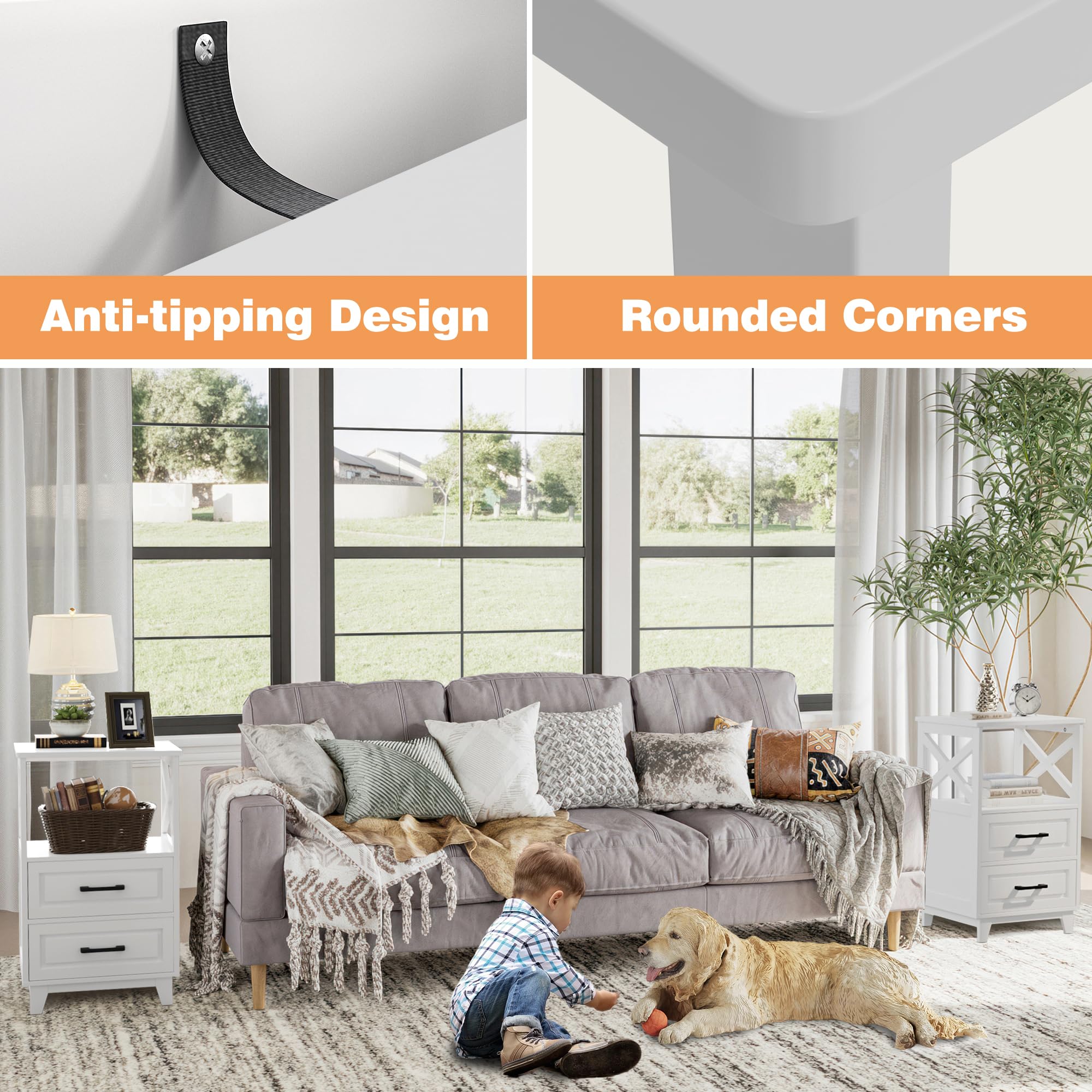 May in Color White Nightstand room setting demonstrates rustic charm.