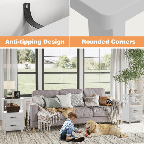 May in Color White Nightstand room setting demonstrates rustic charm.
