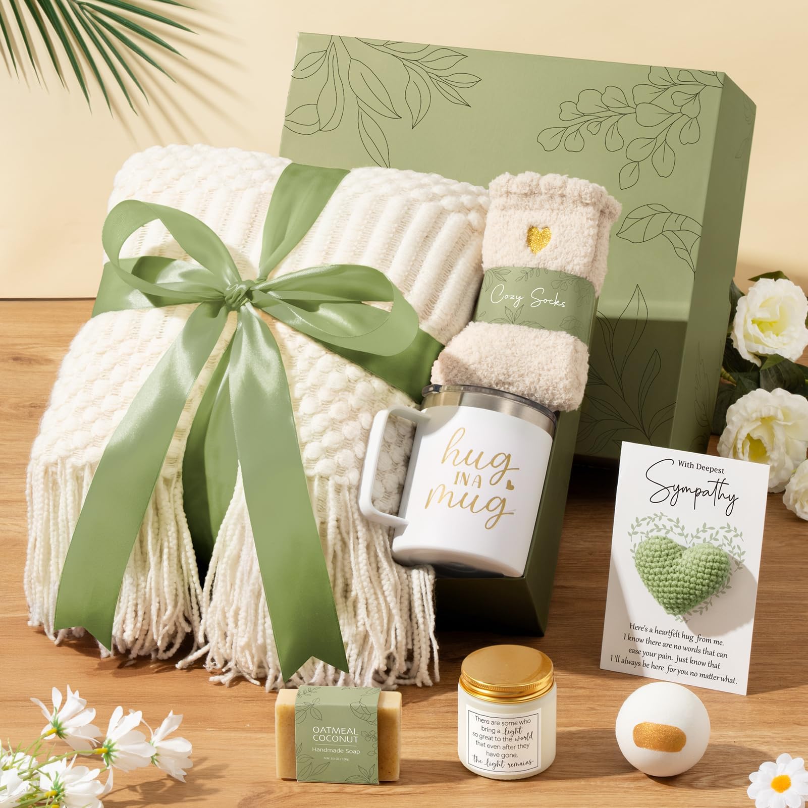 Mayicivo sympathy gift basket oatmeal soap texture suggesting gentle cleansing and pampering.