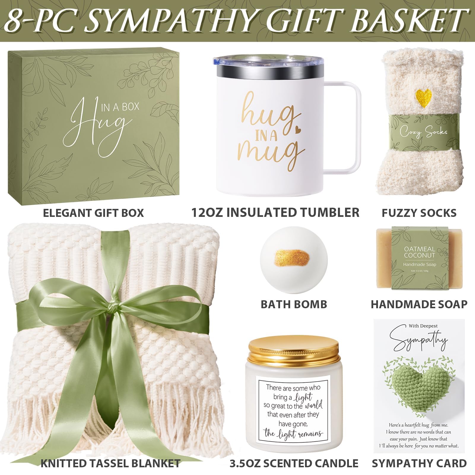 Mayicivo sympathy gift basket tumbler with handle highlighting 12oz capacity for cozy beverages.