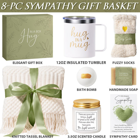 Mayicivo sympathy gift basket tumbler with handle highlighting 12oz capacity for cozy beverages.