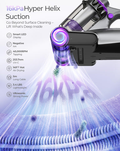 MV03’s high-speed roller cleans efficiently to lift embedded debris from fabrics.