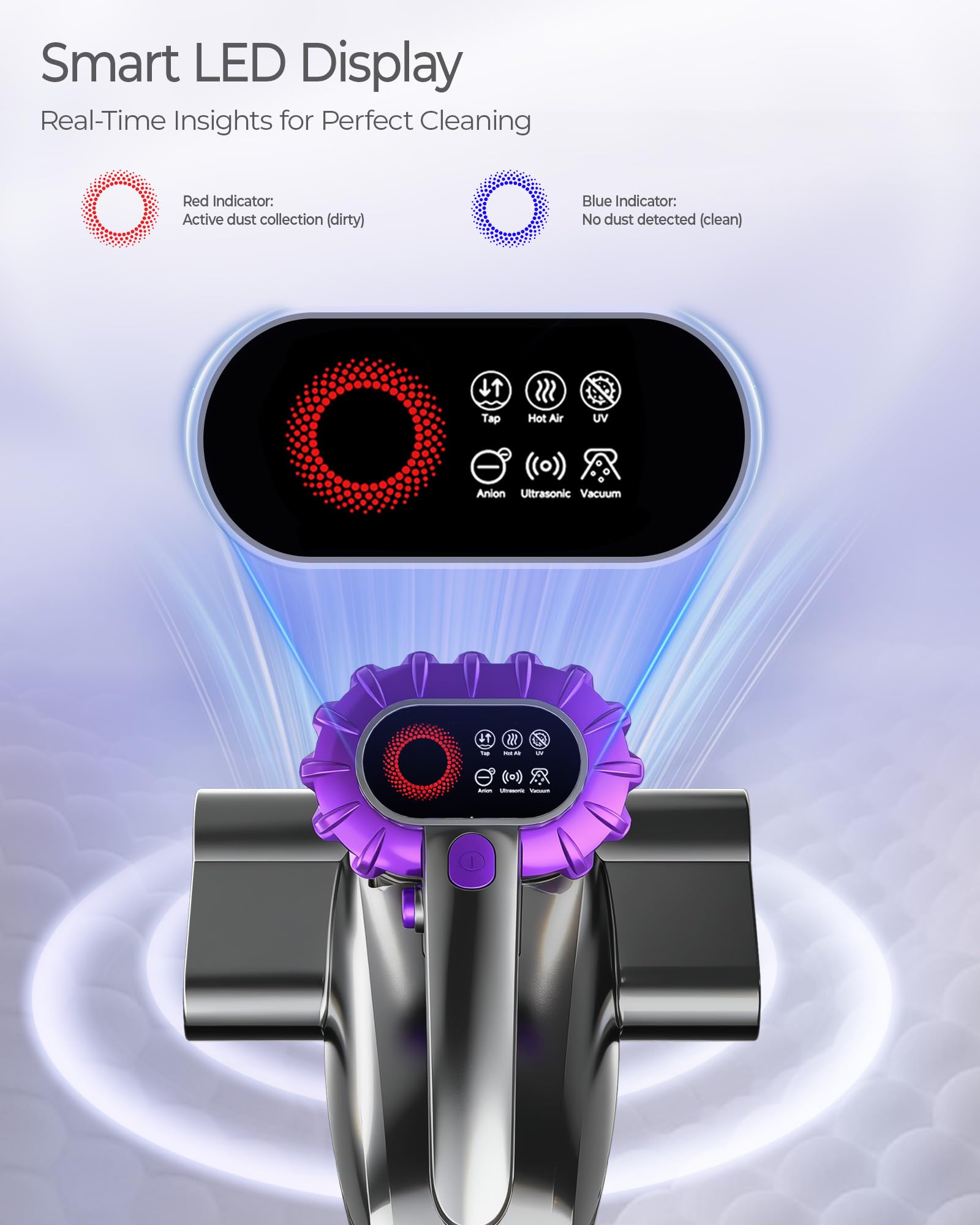 LED display visualizes dust levels and cleaning progress for confidence.