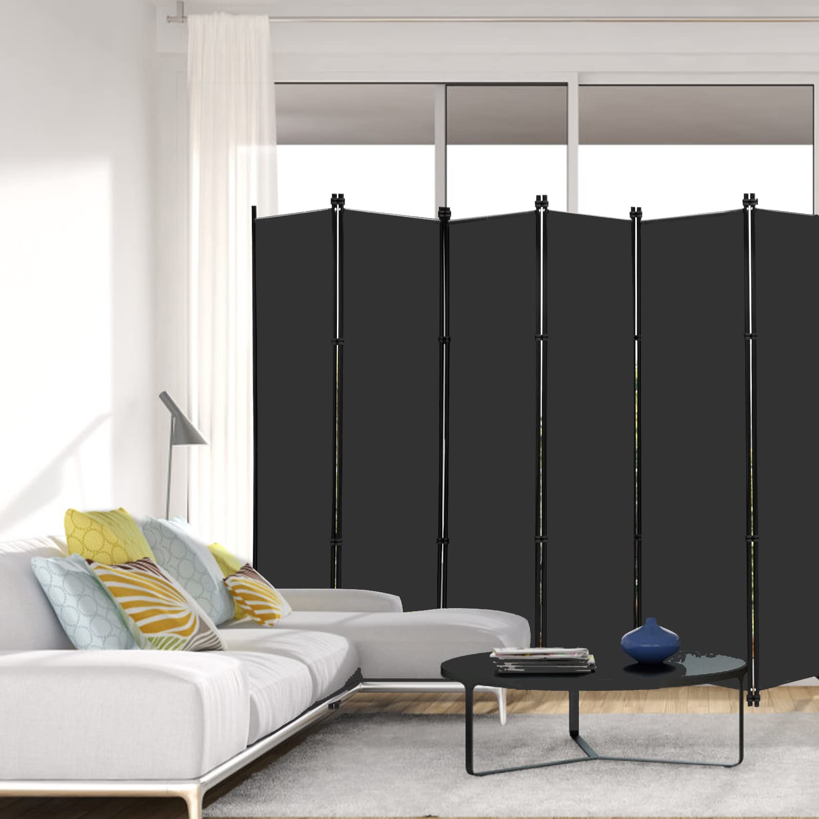 MAYOLIAH folding privacy screen back view shows easy angle adjustments for room separation.