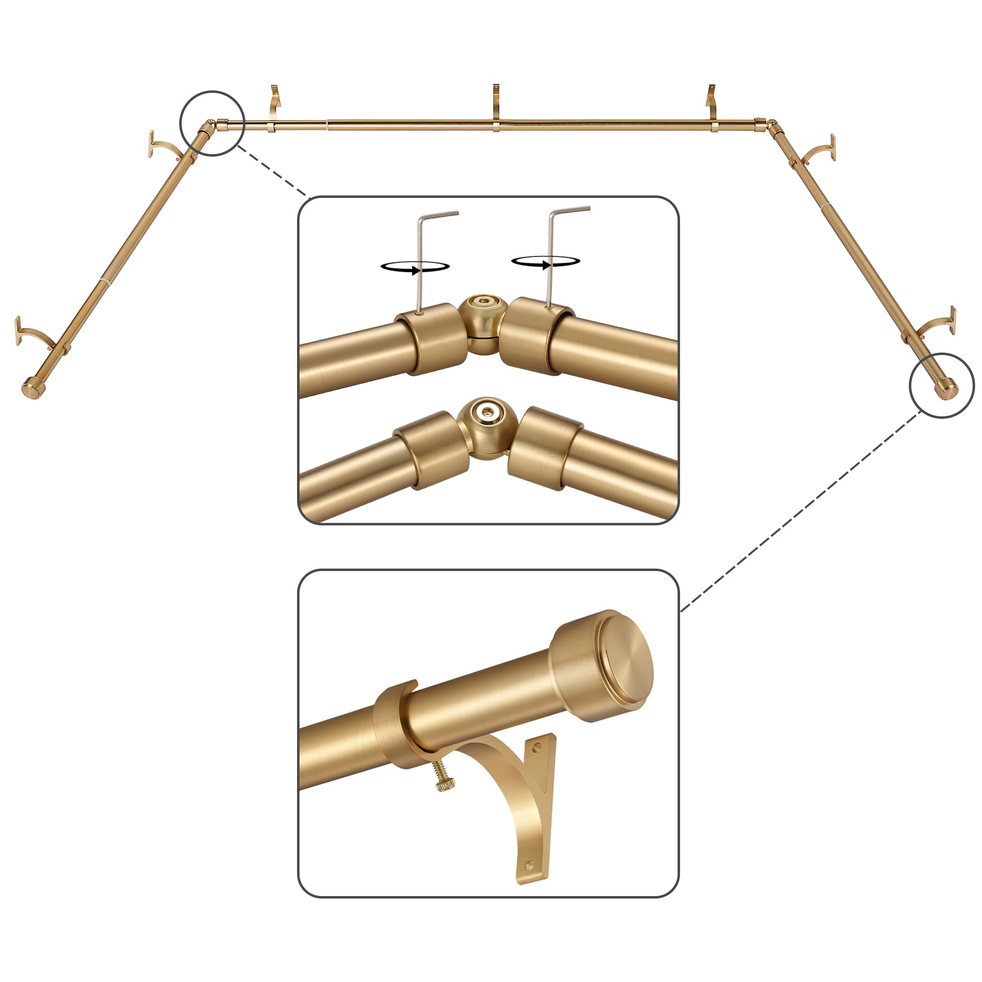 Mayrhyme Warm Gold bay center rod close-up showing adjustable fit for bay windows.