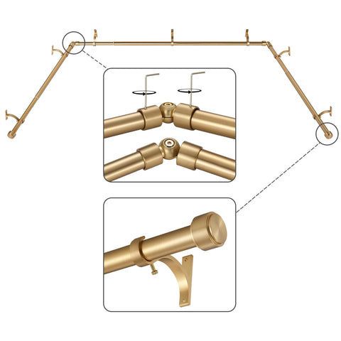 Mayrhyme Warm Gold bay center rod close-up showing adjustable fit for bay windows.