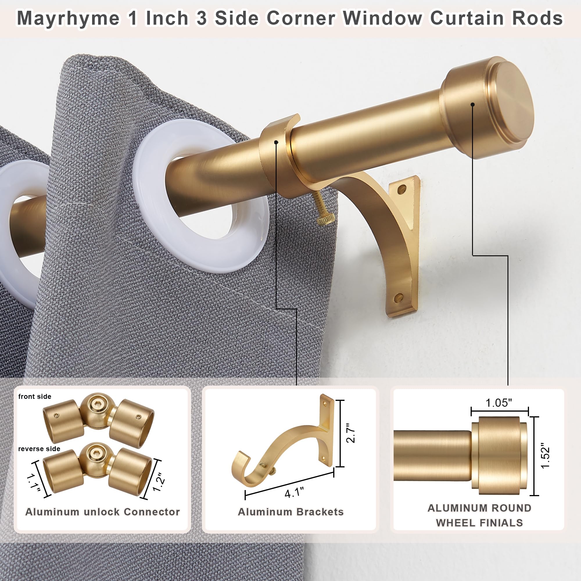 Mayrhyme Warm Gold bay side rod in place, aligning with a curved bay window.