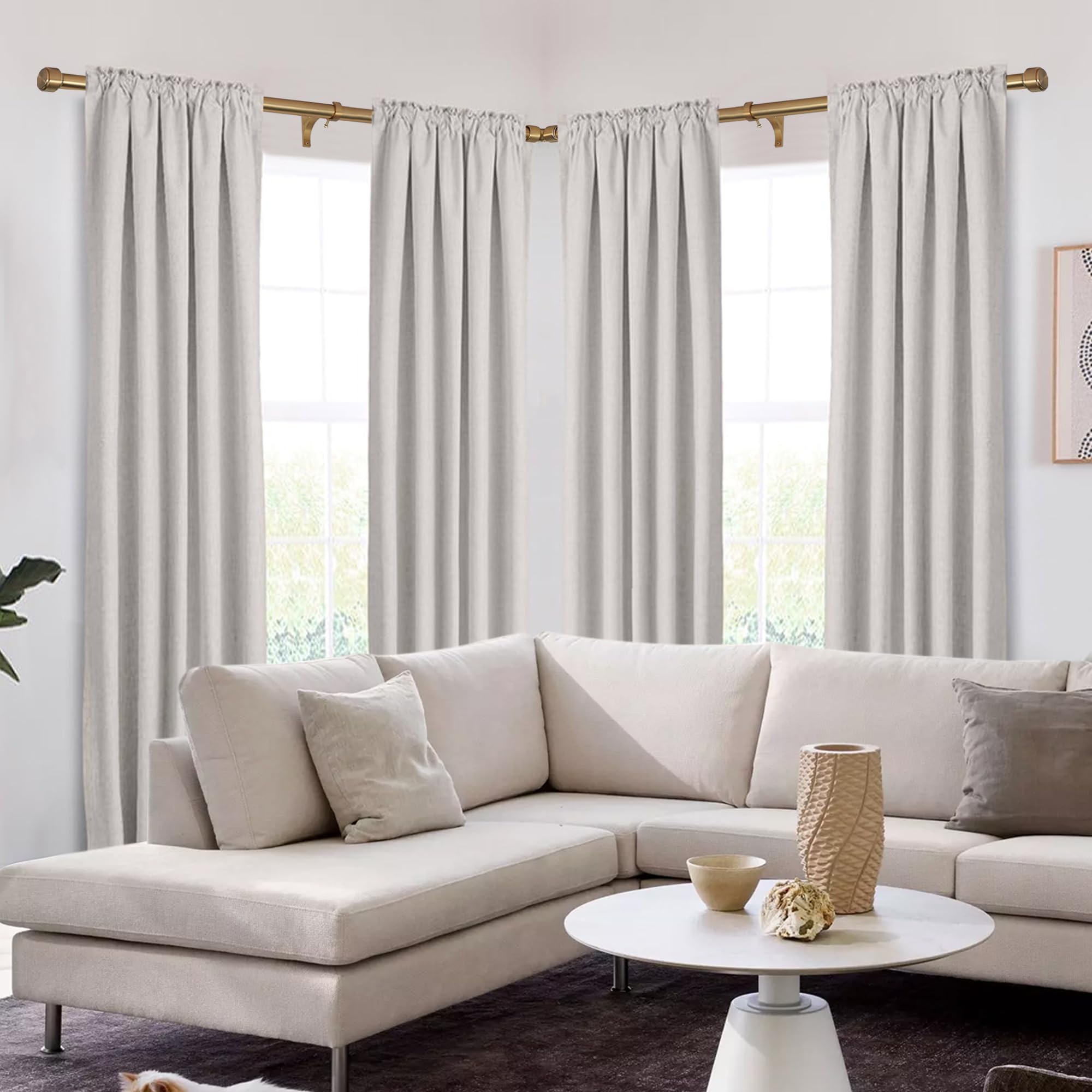 Mayrhyme Warm Gold bay window setup with corner rod.
