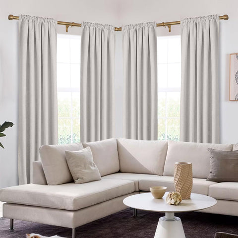 Mayrhyme Warm Gold bay window setup with corner rod.