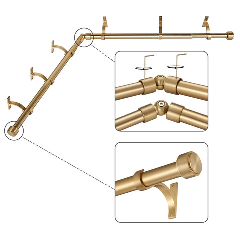 Mayrhyme Warm Gold corner rod end-cap shows rust-free aluminum and easy setup.