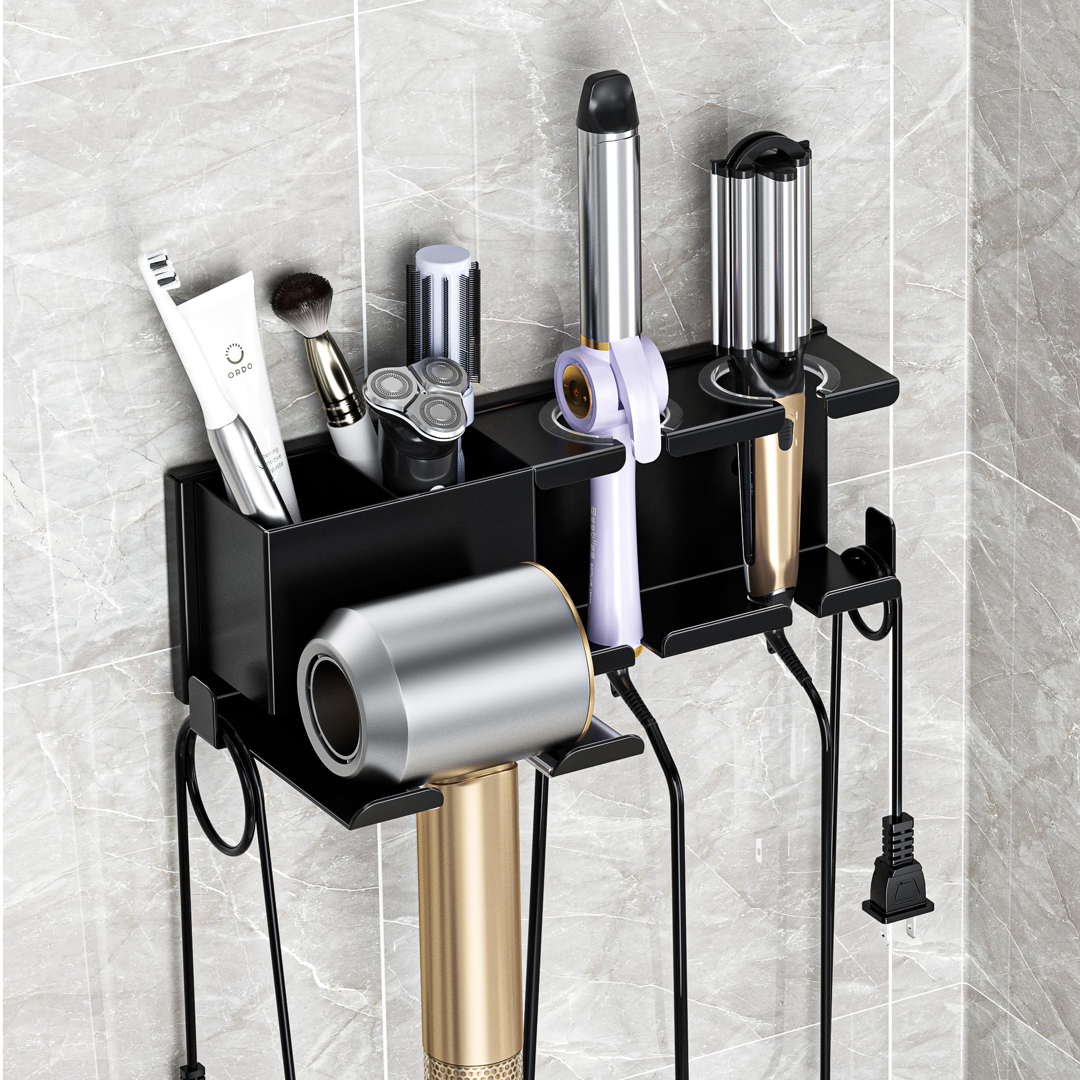 MAYZOLOP hair dryer holder wall mount for clutter-free bathroom organization.