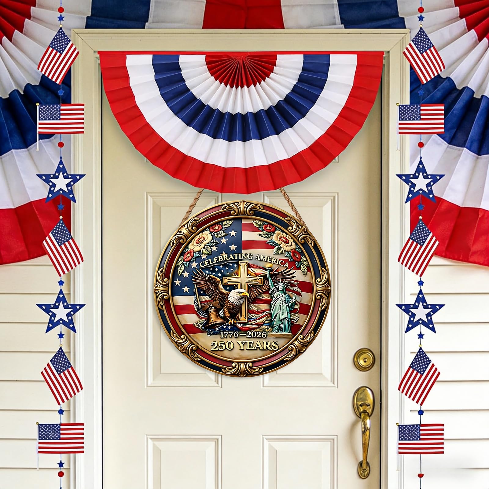MBDFUT American flags detail complements indoor or outdoor patriotic setups.