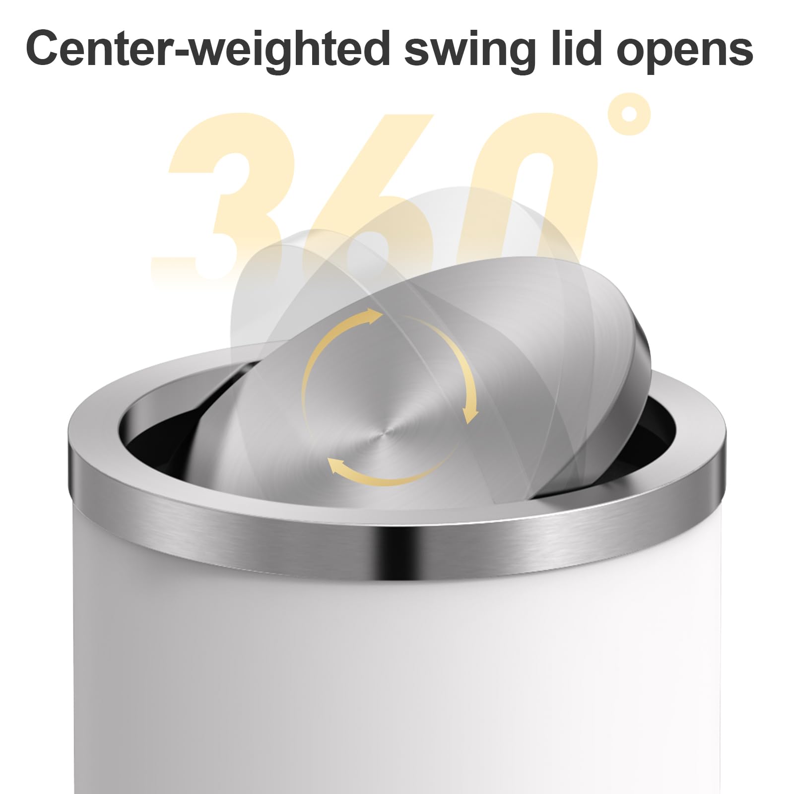 Mbillion trash can with swing lid, top view, white finish