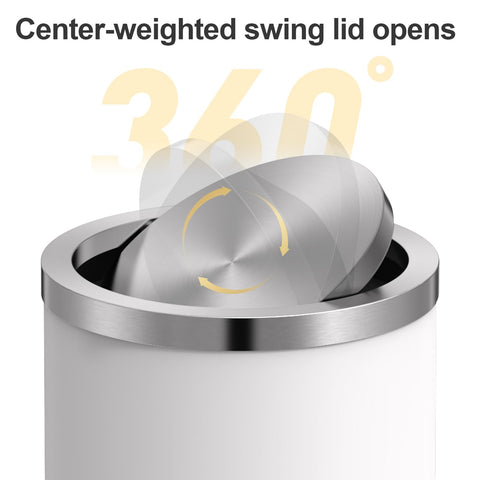 Mbillion trash can with swing lid, top view, white finish