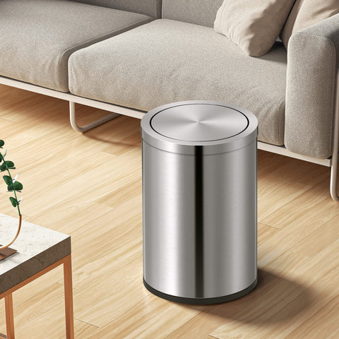 Mbillion trash can swing lid shown from the side, blends with modern decor.