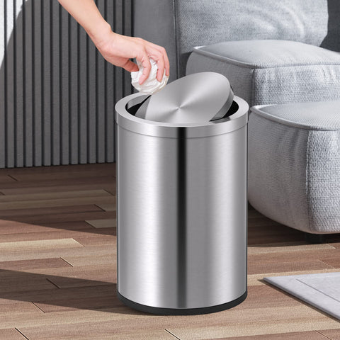 Mbillion trash can top view highlights easy open-close swing lid feature.