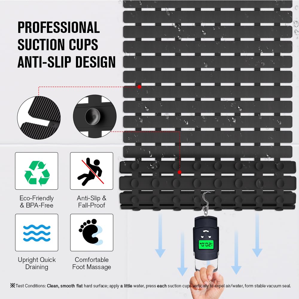 MBOSS bath mat with drain holes channels water away to reduce pooling.