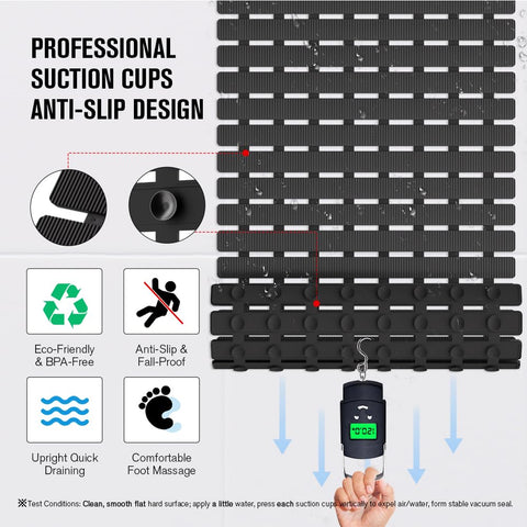 MBOSS bath mat with drain holes channels water away to reduce pooling.