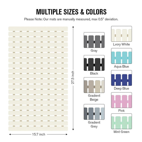 MBOSS bath mat showing drain holes to prevent water pooling.