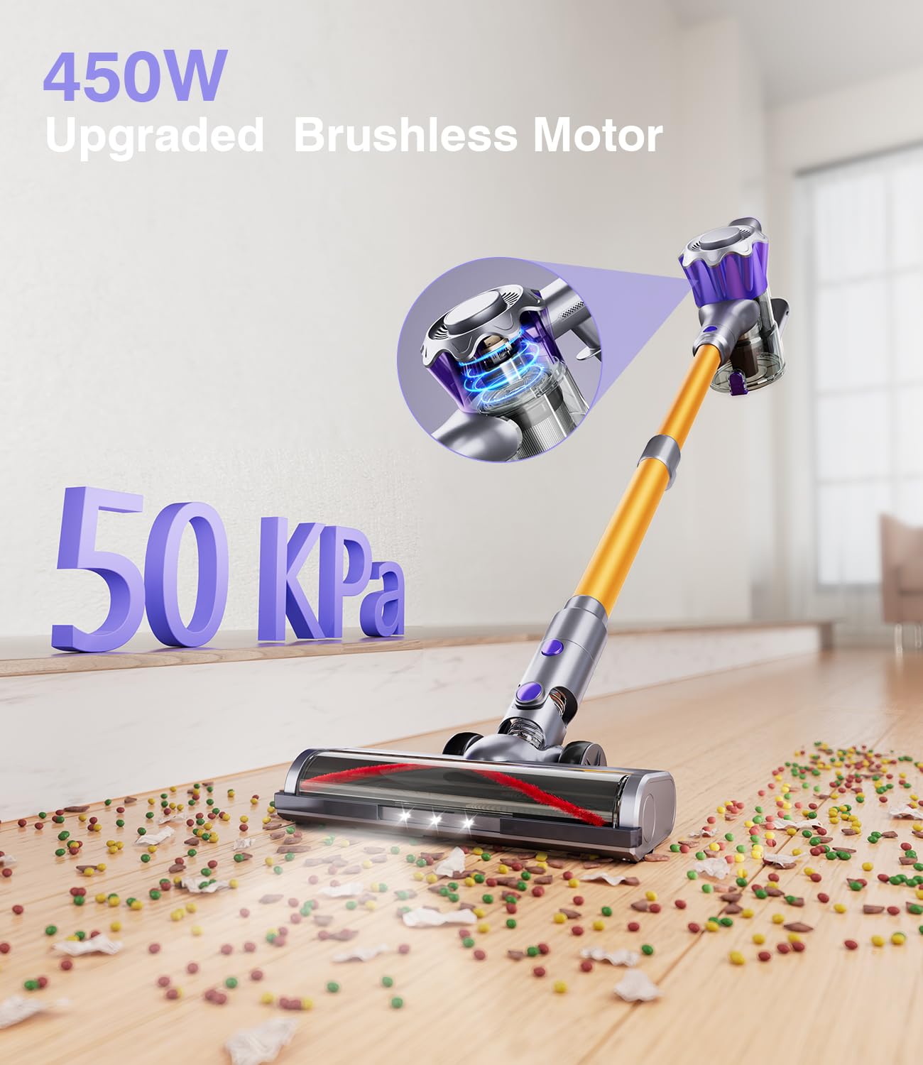 MBYULO vacuum shows 50kPa suction for heavy debris and pet hair pickup