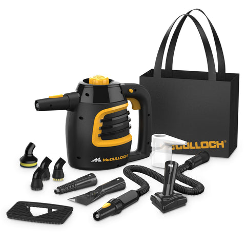 McCulloch MC1230 handheld steam cleaner conquering tight spaces without chemicals.