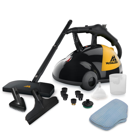 McCulloch MC1275 floor mop showing chemical-free cleaning for tile and grout surfaces.