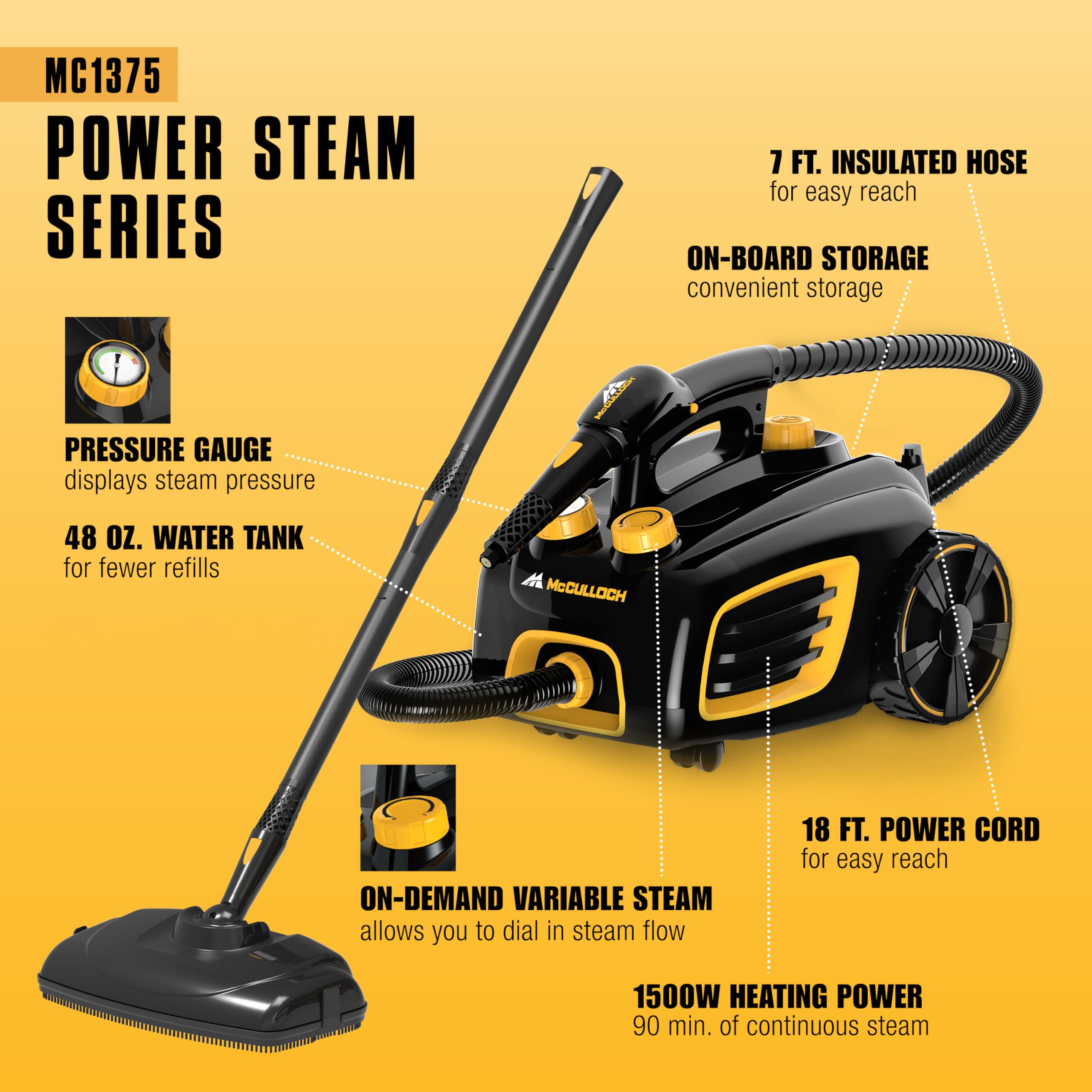 McCulloch MC1375 20-accessory set showcases broad cleaning options.