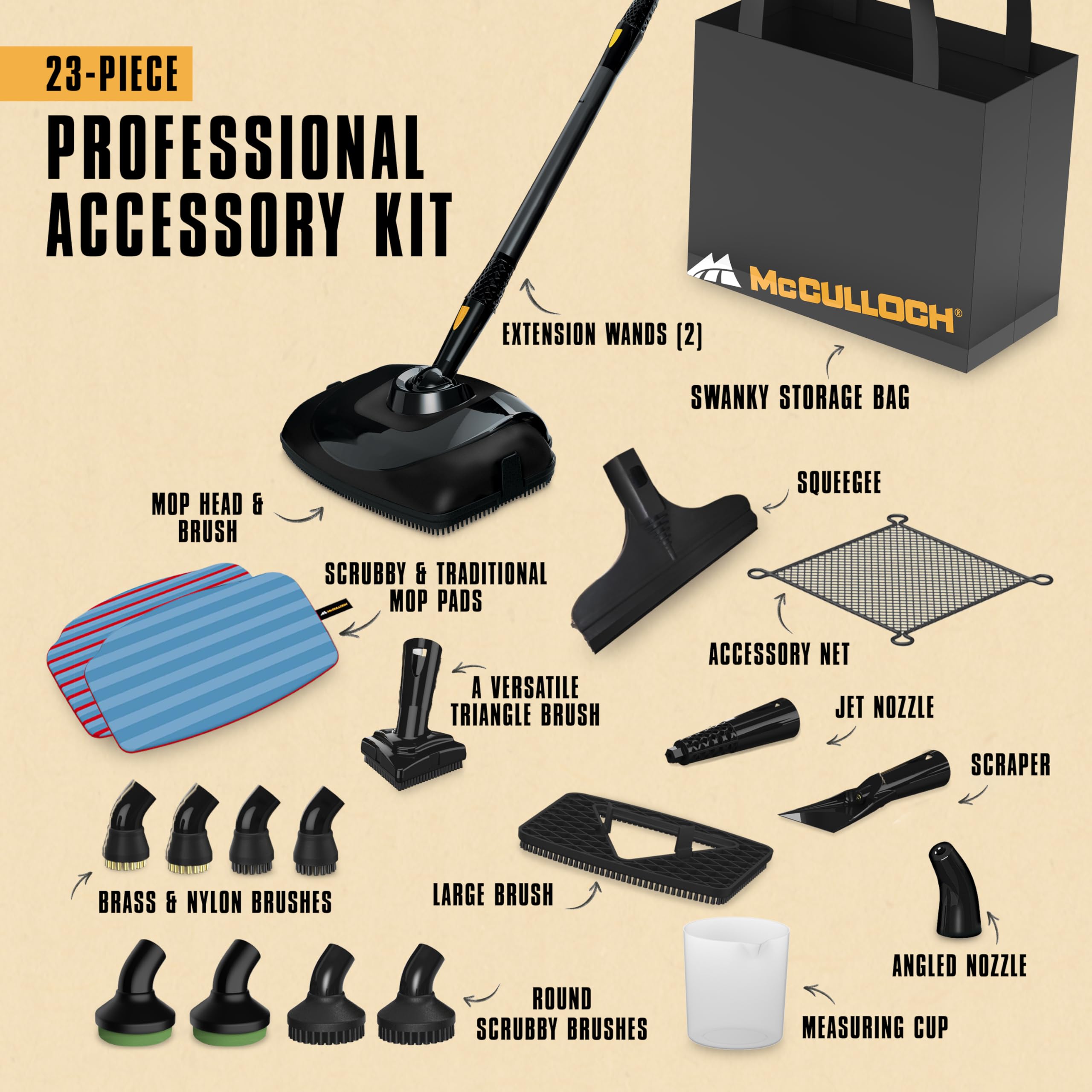 McCulloch MC1385 accessories storage bag keeps tools organized for quick cleaning