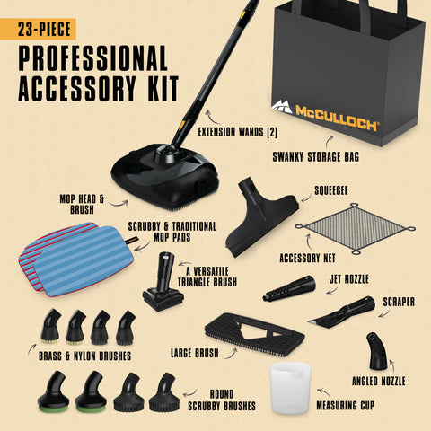 McCulloch MC1385 accessories storage bag keeps tools organized for quick cleaning